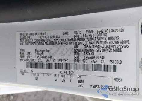 2013 Ford Fiesta Se z USA, uszkodzony, nr VIN 3FADP4EJ6DM131996